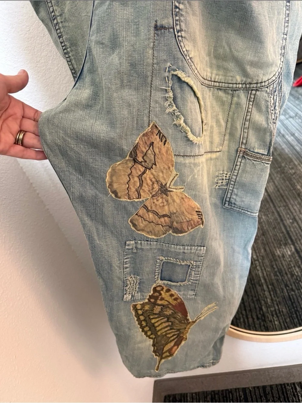 Magnolia Pearl Cotton Denim Appliqué Butterfly Overalls - Picture 7 of 14